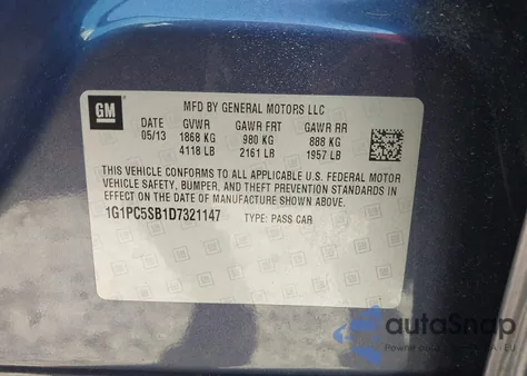 2013 Chevrolet Cruze 1Lt Auto from USA, damaged, VIN 1G1PC5SB1D7321147